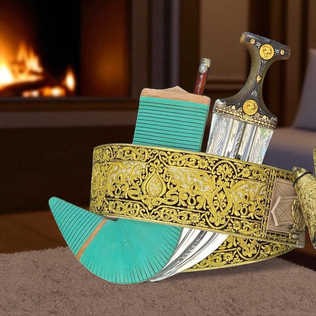 جمبية عزيري آصلي صيفاني مقلد طبق الأصل حزام  يد عسيب بكيلي ، مبسم فضه ، حروف مطلي ذهب مع خنجر فضه عقيقي خلفي