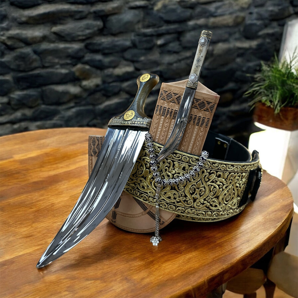 جمبيه عزيري مقلد طبق الاصل صيفاني حزام يدوي جلد عسيب ماربي صافي حروف مطلي ذهب سله  ستيل تقط المسمار مبسم فضه خالص