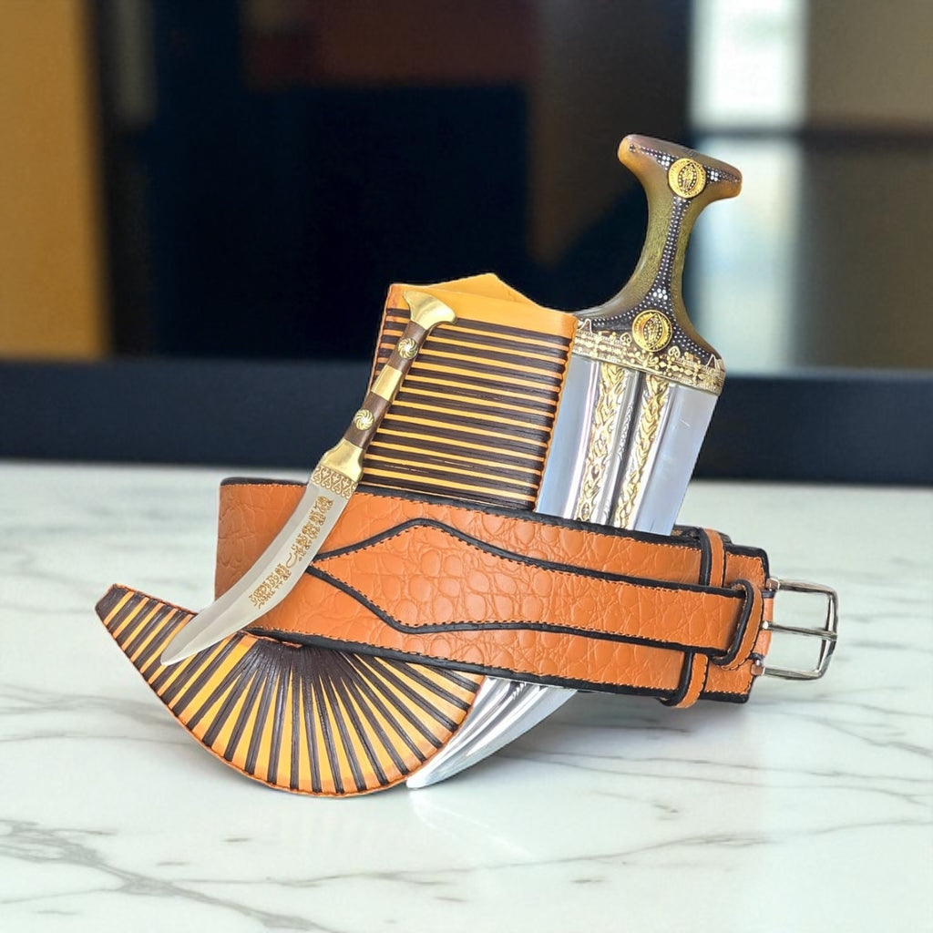 جمبية عزيري صيفاني مقلد طبق الاصل عسيب بكيلي حزام جلد أفريقي اصلي حروف مطلي ذهب مبسم فضه نصله ستيل مع شفره نجراني