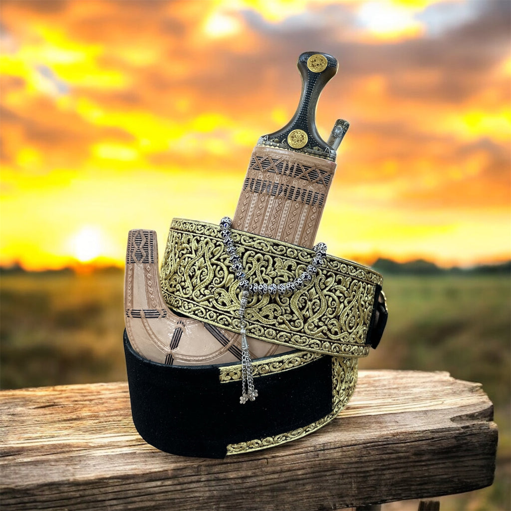 جمبيه عزيري مقلد طبق الاصل صيفاني حزام يدوي جلد عسيب ماربي صافي حروف مطلي ذهب سله  ستيل تقط المسمار مبسم فضه خالص