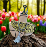 جمبيه عزيري صيفاني مقلد طبق الاصل حزام يدوي حروف مطلي ذهب سله ستيل منقش مع خنجر خلفي