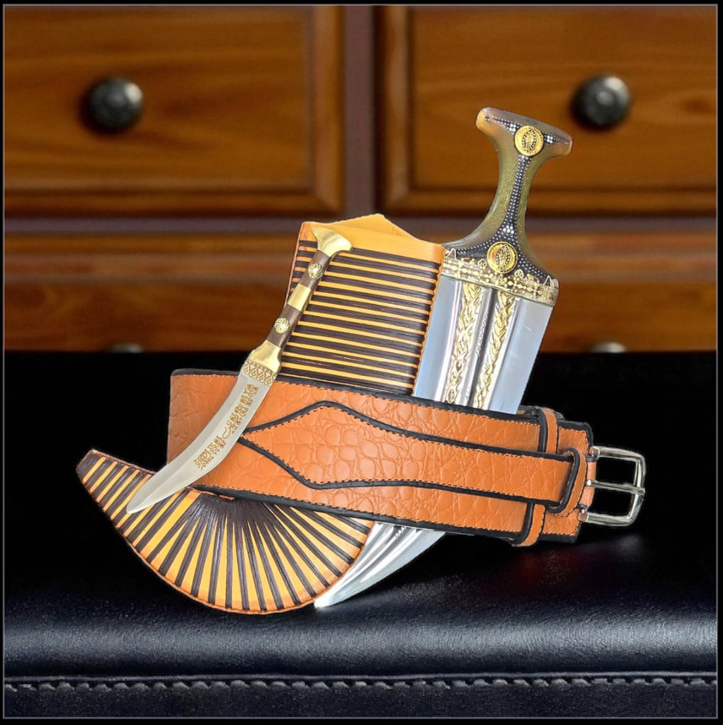 جمبية عزيري صيفاني مقلد طبق الاصل عسيب بكيلي حزام جلد أفريقي اصلي حروف مطلي ذهب مبسم فضه نصله ستيل مع شفره نجراني