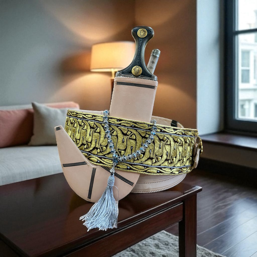 جمبيه عزيري صيفاني مقلد طبق الاصل حزام يدوي حروف مطلي ذهب سله ستيل منقش مع خنجر خلفي