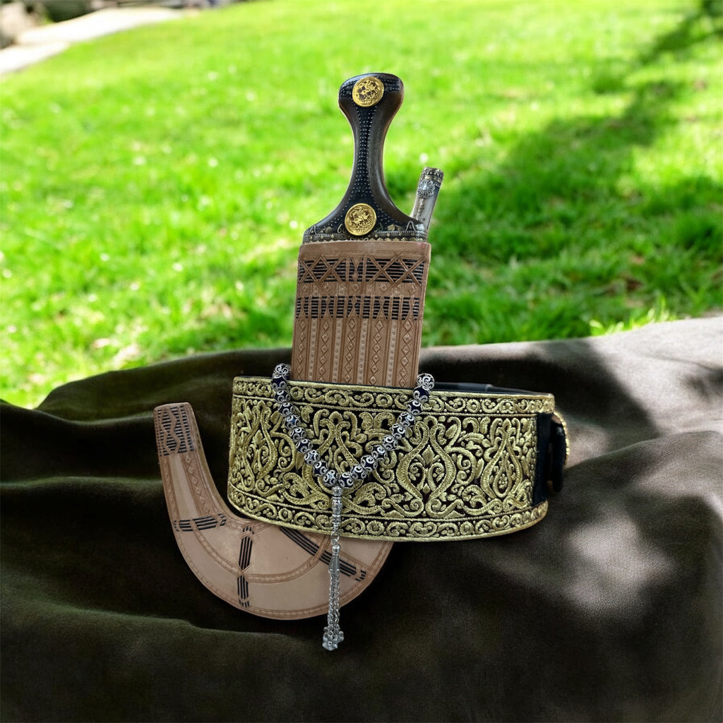 جمبيه عزيري مقلد طبق الاصل صيفاني حزام يدوي جلد عسيب ماربي صافي حروف مطلي ذهب سله  ستيل تقط المسمار مبسم فضه خالص