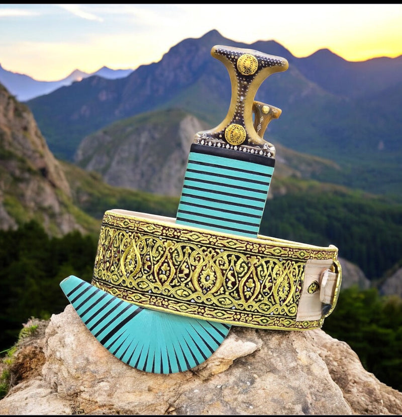 جمبية عزيري صيفاني مقلد طبق الاصل حروف ذهب حزام شغل يدوي عسيب بكيلي مكحل ، مع خنجر خلفي فضه