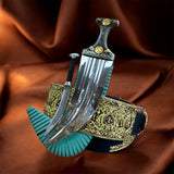 جمبية عزيري آصلي صيفاني مقلد طبق الأصل حزام يد منقش حميري عسيب اخضر تفصيل بكيلي مبسم فضه حروف مطلي ذهب مع خنجر فضه نجراني خلفي