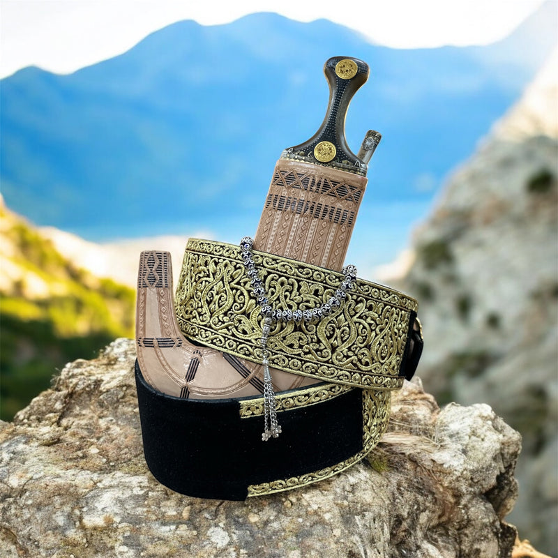 جمبيه عزيري مقلد طبق الاصل صيفاني حزام يدوي جلد عسيب ماربي صافي حروف مطلي ذهب سله  ستيل تقط المسمار مبسم فضه خالص