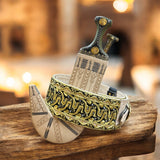 جمبية عزيري اصلي صيفاني مقلد طبق الأصل عسيب طنب نصله ستيل منقش تقد المسمار حزام عمل يد فص مطلي ذهب مع خنجر خلفي فضه عقيق