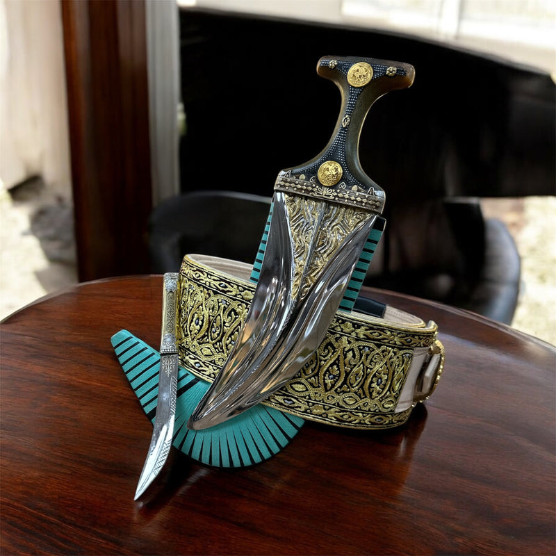 جمبية عزيري اصلي صيفاني مقلد حزام شغل يد مع خنجر خلفي فضه عقيق