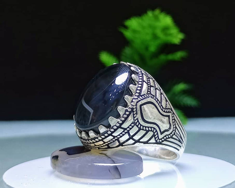 خاتم فضه اصلي عقيق يماني حر مقاس 9