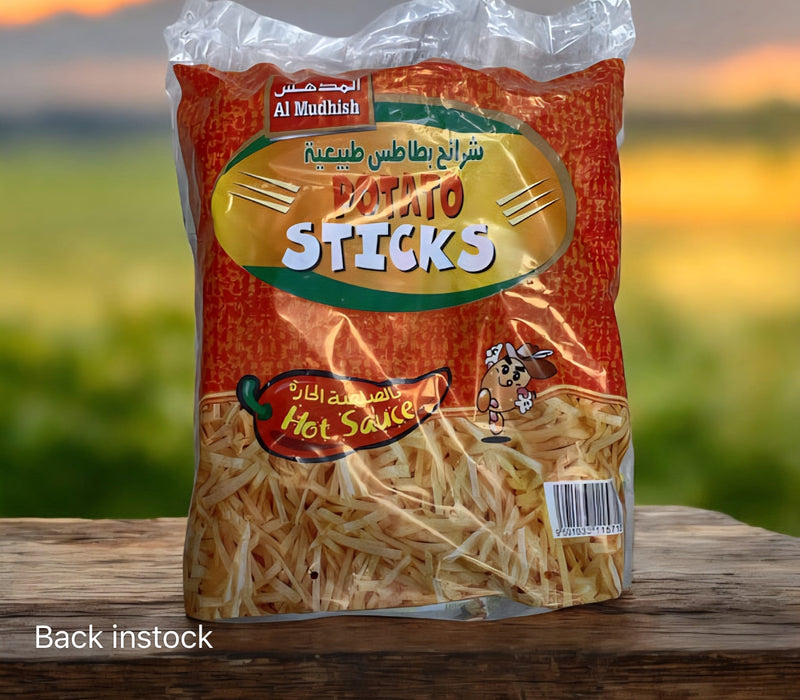 Almushish potato sticks, hot sauce شبس المدهش كتكس بالصلصه الحاره