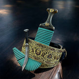 جمبيه عزيري صيفاني مقلد طبق الاصل حزام يدوي حروف مطلي ذهب عسيب بكيلي سله ستيل منقش مع خنجر خلفي