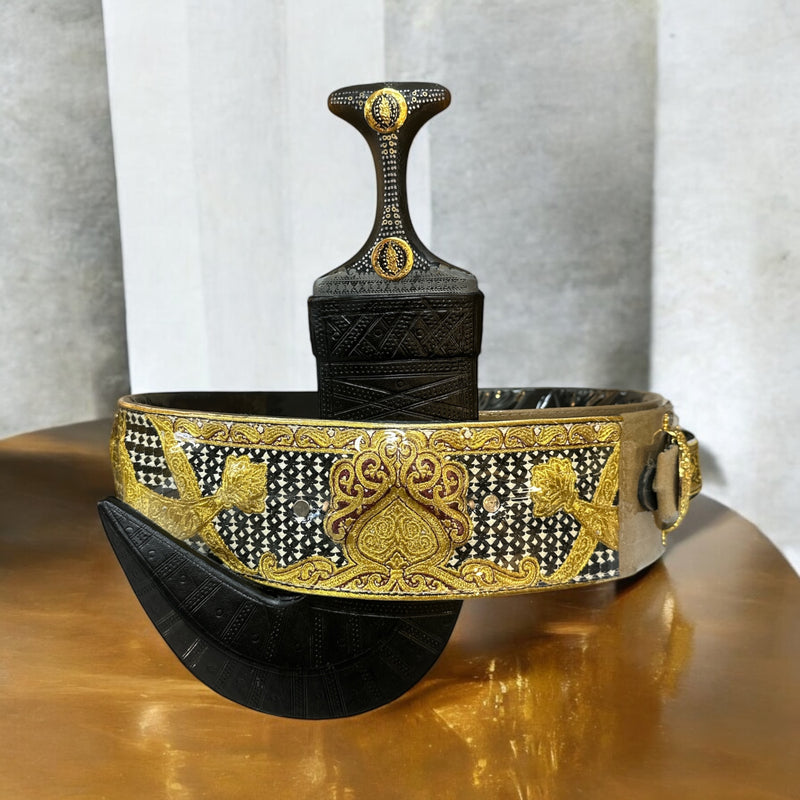 جمبية رجالي جهاز اسود جلد وحزام سيم ذهبي