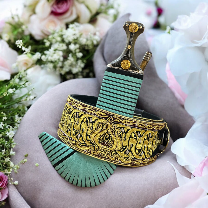 جمبيه عزيري شبيه الصيفاني طبق الاصل حزام يدوي كبسي ملون حروف مطلي ذهب نصله ستيل تقط المسمار  مبسم فضه خالص