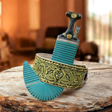 جمبية عزيري اصلي صيفاني مقلد  طبق الأصل مبسم فضه ، حروف ذهب ، حزام شغل يد  عسيب حاشدي منقش مع خنجر خلفي فضه عقيق