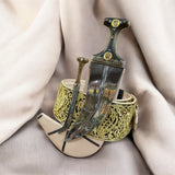 جمبية عزيري اصلي صيفاني مقلد طبق الأصل عسيب بكيلي نصله ستيل منقش تقد المسمار حزام عمل يد فص مطلي ذهب مع خنجر خلفي فضه عقيق