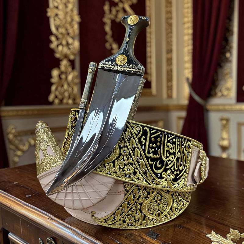 جمبيه عزيري شبيه الصيفاني طبق الاصل حروف ملبس ذهب مبسم فضه عسيب حاشدي نصله ستيل تقط المسمار ابو عمدان حزام عمل يدودي اصلي