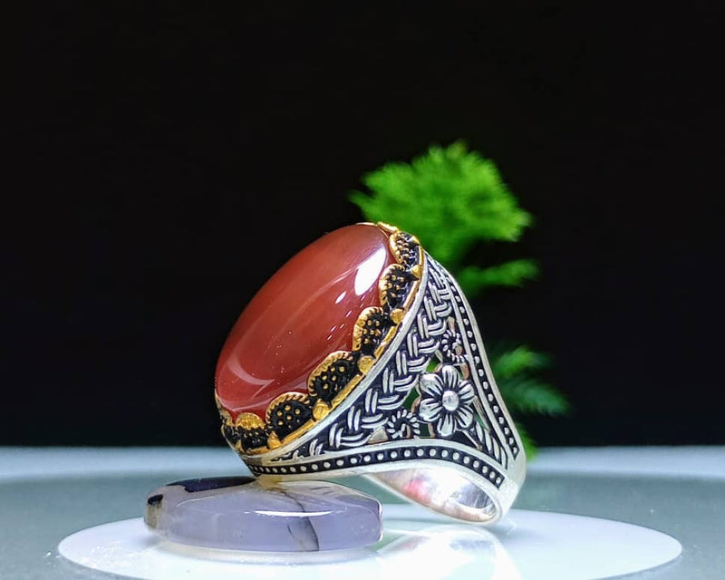 خاتم فضه حر عقيق يماني مقاس 8.5