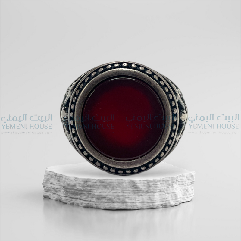 خاتم فضه عقيق يمني اصلي مقاس 11