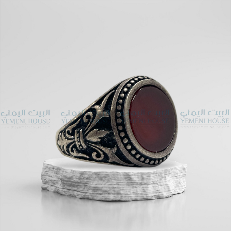 خاتم فضه عقيق يمني اصلي مقاس 11