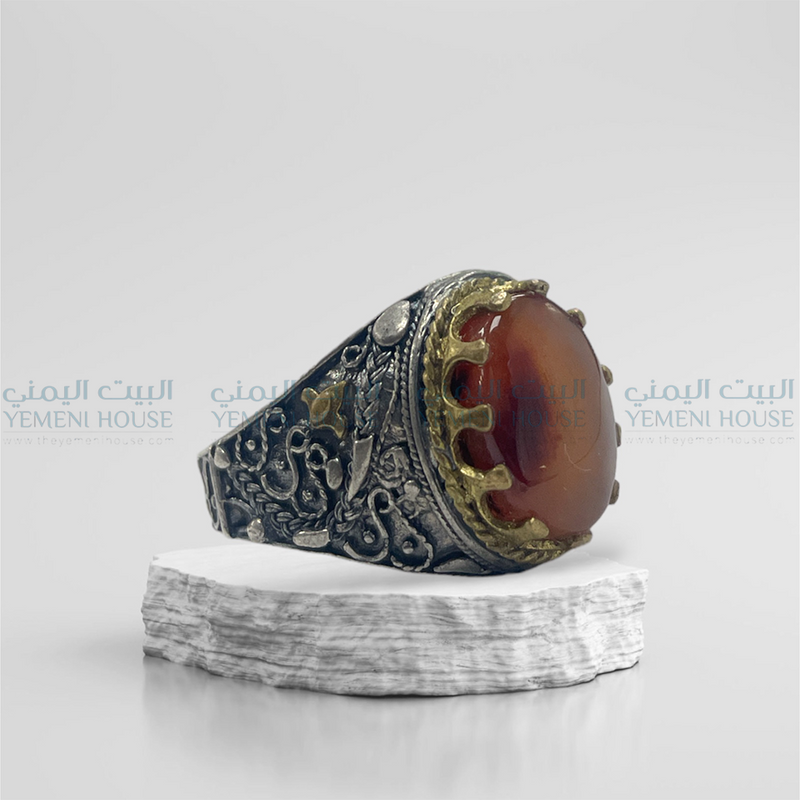 خاتم فضه عقيق اصلي مقاس 12