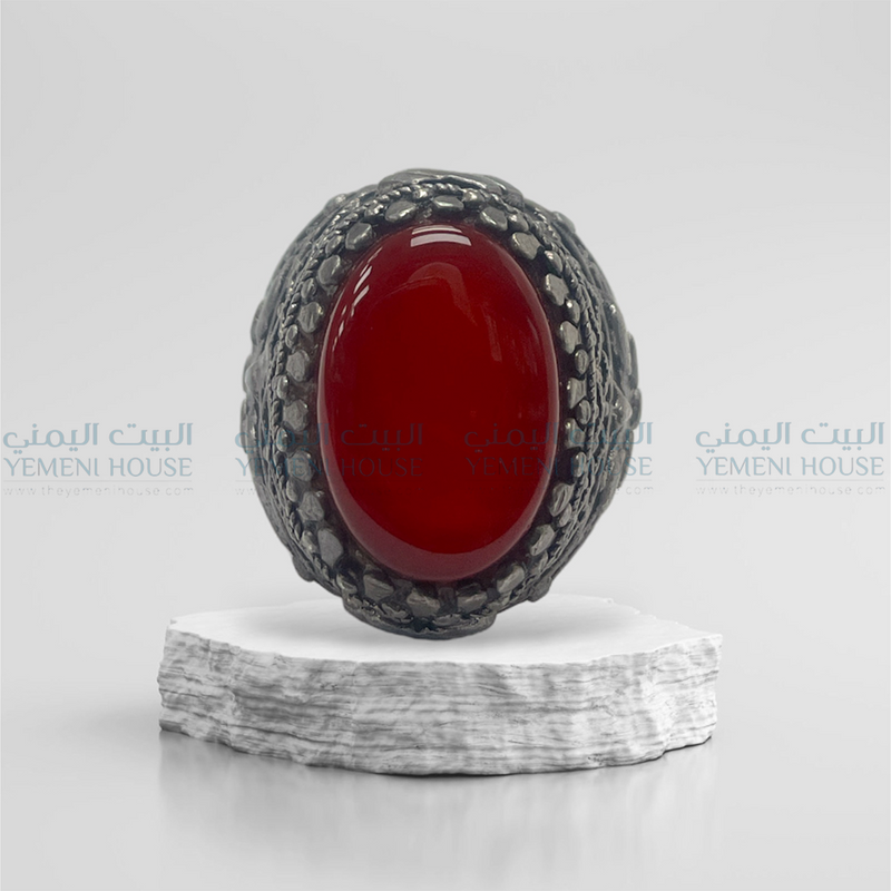 خاتم فضه عقيق يمني اصلي مقاس 9