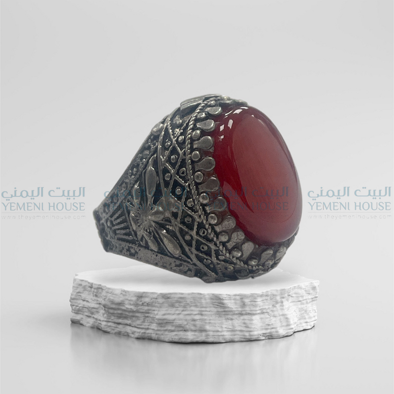 خاتم فضه عقيق يمني اصلي مقاس 9