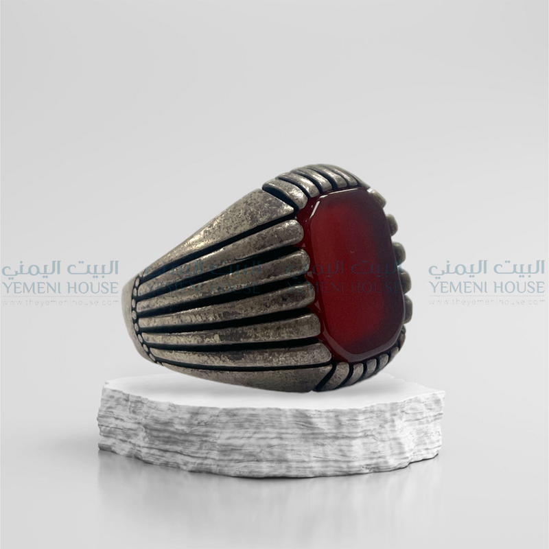 خاتم فضه عقيق يمني اصلي مقاس 12