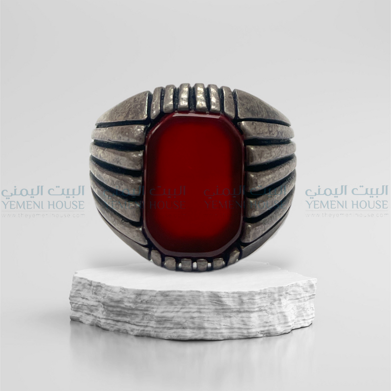 خاتم فضه عقيق يمني اصلي مقاس 12