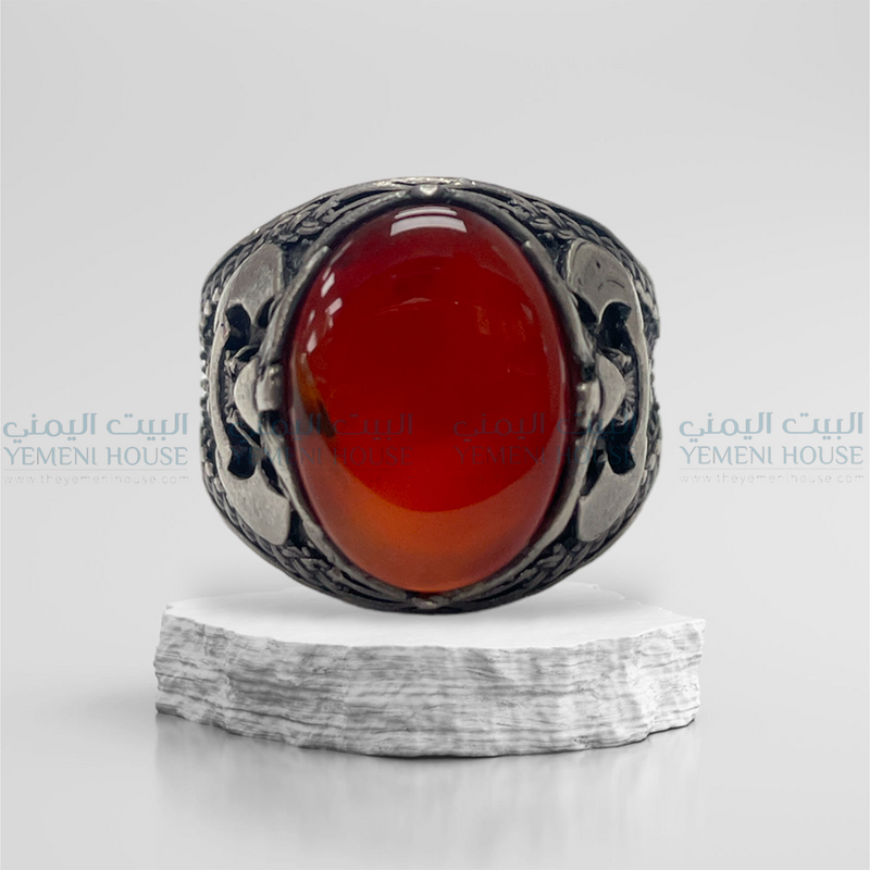 خاتم فضه عقيق يمني اصلي مقاس 11