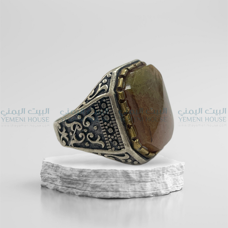 خاتم فضه عقيق يمني اصلي مقاس 8