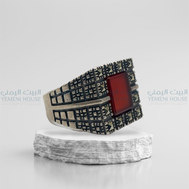 خاتم فضه عقيق اصلي مقاس 11