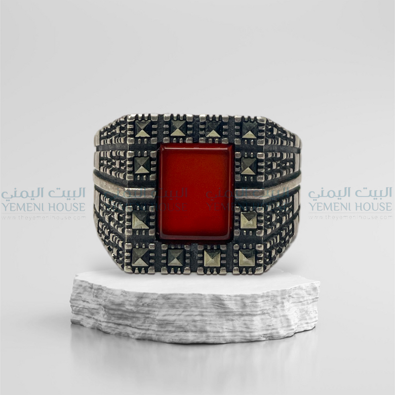 خاتم فضه عقيق اصلي مقاس 11