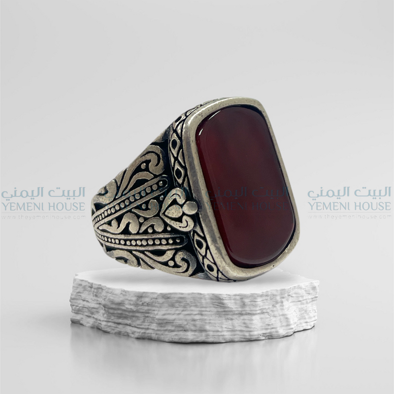 خاتم فضه عقيق اصلي مقاس 10