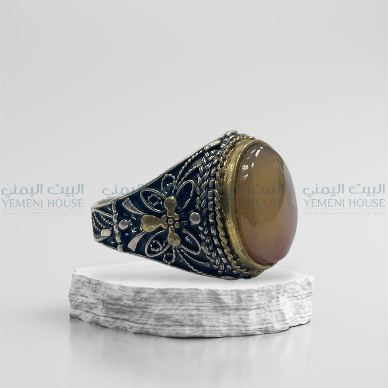 خاتم فضه عقيق يمني اصلي مقاس 11
