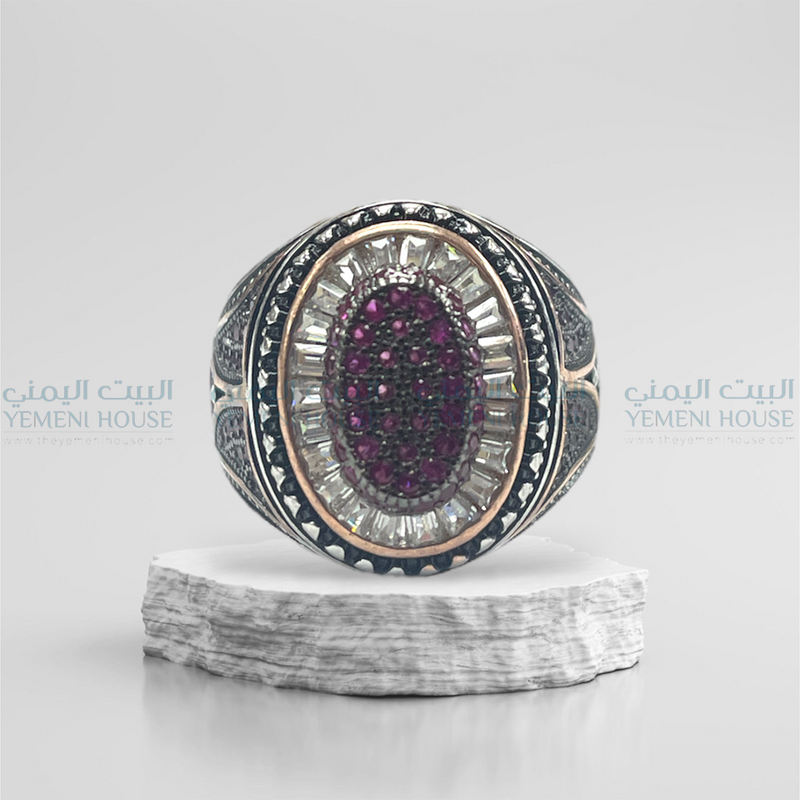 خاتم فضه اصلي مطعم بعقيق مقاس 10