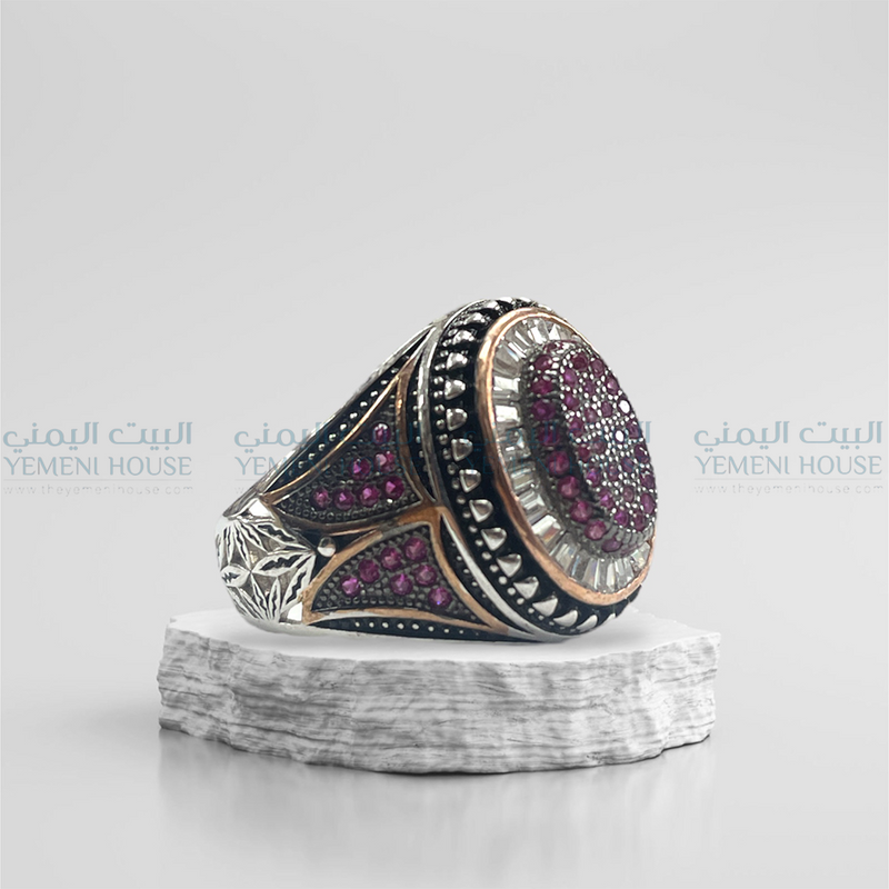 خاتم فضه اصلي مطعم بعقيق مقاس 10