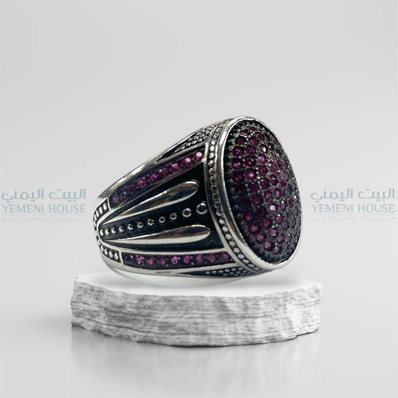 خاتم فضه اصلي مطعم بعقيق مقاس 8