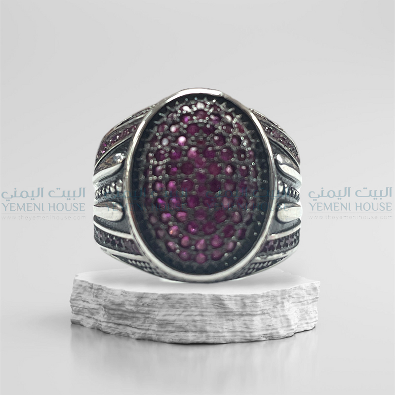 خاتم فضه اصلي مطعم بعقيق مقاس 8