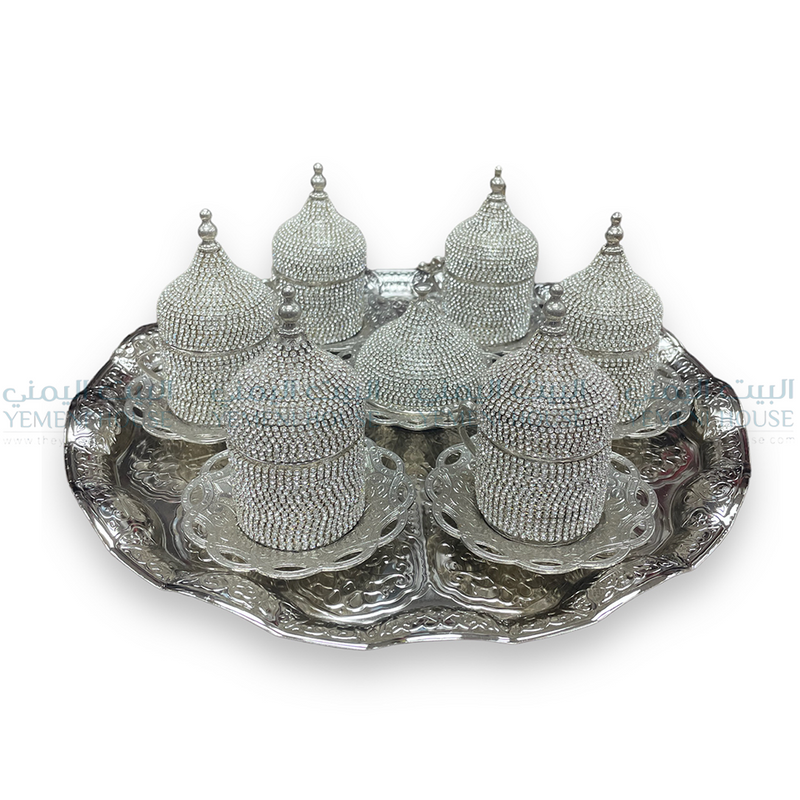 طقم شاي تركي فضي مرصع بالكريستال Turkish Silver Crystal Teacup Set