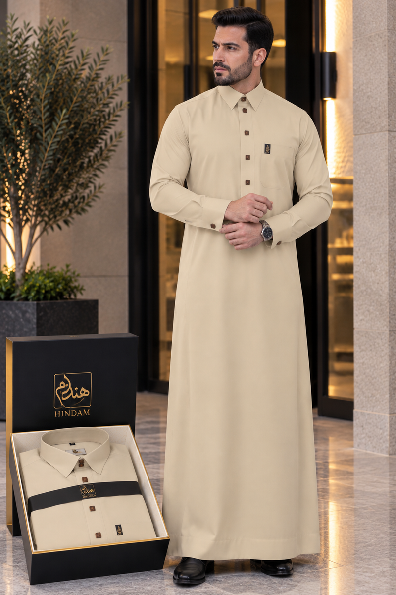 ثوب هندام رجالي فاخر لون بيج ذهبي premium quality men thobe hindam