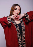 Samia Burgundy Linen Fringes Abaya Kimono