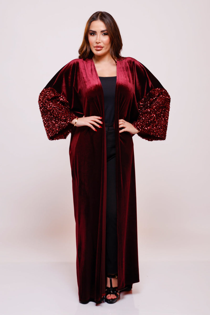 Zola Burgundy Velvet Sequin Abaya Kimono