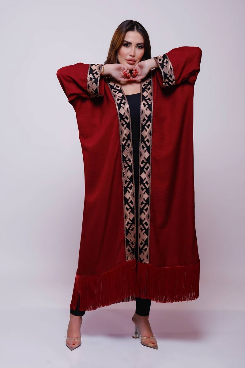 Samia Burgundy Linen Fringes Abaya Kimono